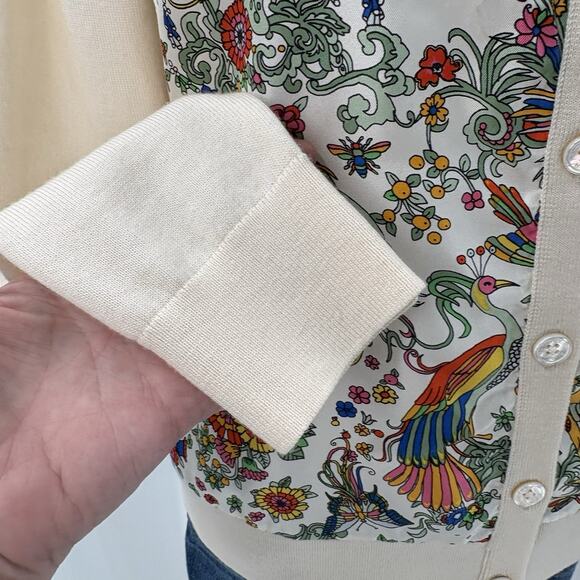 Tory Burch Silk Front Wool Cardigan Sweater Floral Peacock Cream Button-up READ - Picture 9 of 16